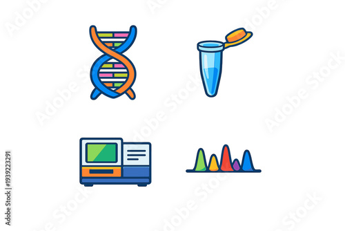 A set of four colorful vector icons representing biotechnology and genetics, including a DNA double helix, a microcentrifuge tube, a laboratory sequencer, and a sequencing chromatogram.