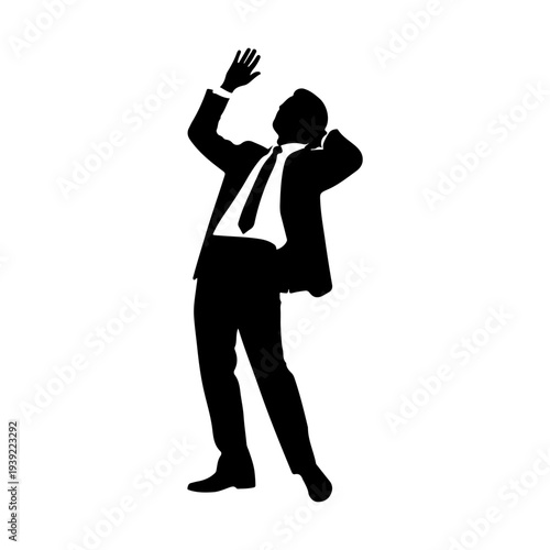 Silhouette of a businessman in a suit, raising his hands in a gesture of surprise or celebration.