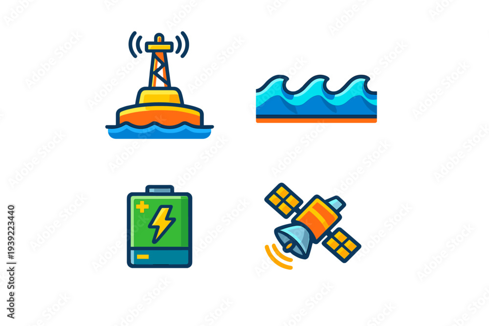 Fototapeta premium A set of four flat vector icons featuring a marine buoy with a transmitter, ocean waves, a green battery with a lightning bolt, and a satellite against a black background.