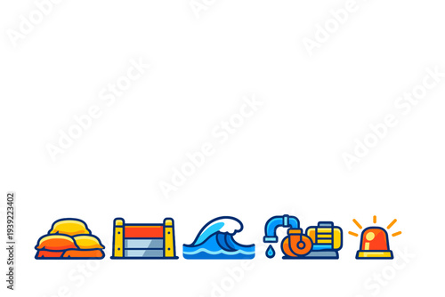 A set of five colorful vector icons representing flood prevention and emergency response measures, including sandbags, a barrier, a wave, a water pump, and a warning siren on a black background.