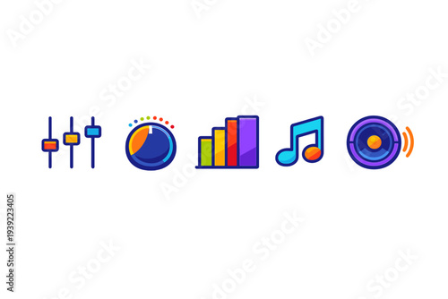 Five colorful audio and music production icons including sliders, a control knob, frequency bars, a musical note, and a speaker isolated on a black background.