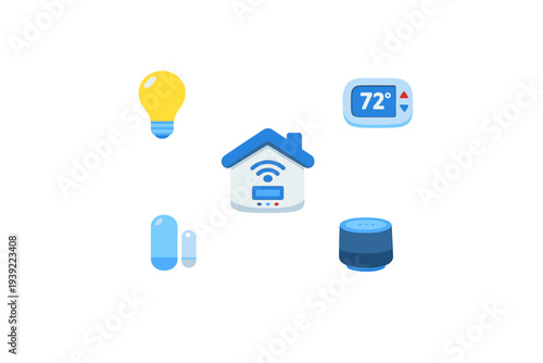 A collection of smart home technology icons including a central house with a wireless symbol, a yellow light bulb, a thermostat showing 72 degrees, a smart speaker, and a security sensor on black.