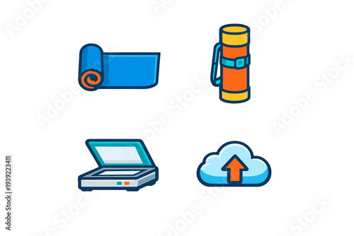 A collection of four colorful icons including a rolled blue yoga mat, an orange carrying case with a strap, a flatbed document scanner, and a cloud upload symbol on a black background.