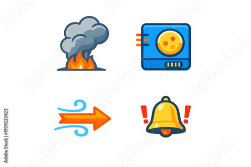 A set of four flat vector icons on a black background representing fire with smoke, a blue electronic sensor device, an orange arrow with wind swirls, and a ringing yellow bell.