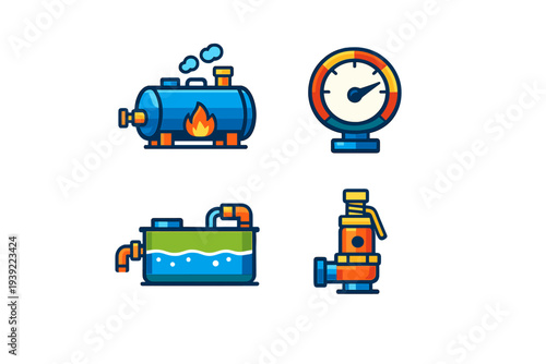 A set of four industrial icons featuring a boiler with a flame, a pressure gauge, a water tank with pipes, and a mechanical pump, all designed in a bold flat vector style on a black background.