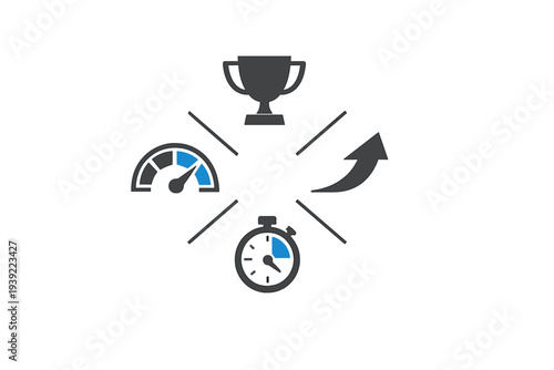 This illustration displays four icons including a trophy, a speedometer, a stopwatch, and a rising arrow, representing achievement, speed, time management, and progress.
