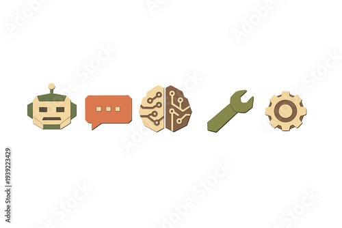 A row of five stylized icons representing artificial intelligence, including a robot head, a chat bubble, a digital brain, a wrench, and a gear, set against a solid black background.