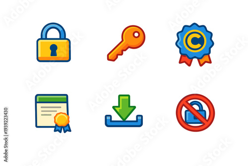 A collection of six colorful digital icons including a padlock, a key, a copyright seal, a certificate, a download arrow, and a prohibited lock symbol on a black background.