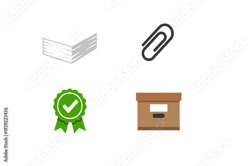 A collection of four office and business icons featuring a stack of white paper, a grey paperclip, a green quality badge with a checkmark, and a brown cardboard storage box on a black background.