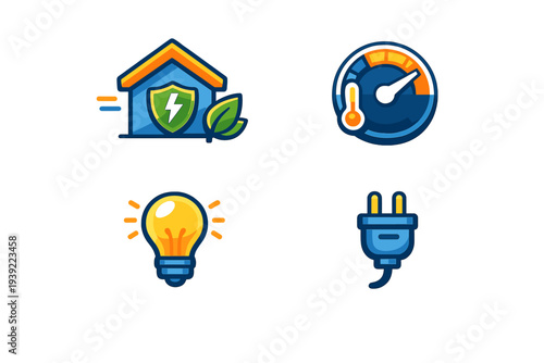 A set of four colorful icons representing energy efficiency and smart home technology, featuring a house with a shield, a temperature gauge, a glowing light bulb, and an electric plug.