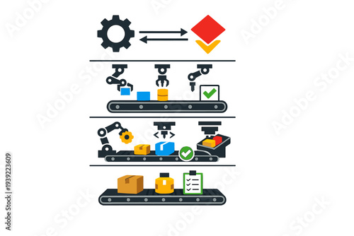 An illustration showing an automated factory production line with robotic arms assembling products on conveyor belts, featuring quality control symbols and finished goods.