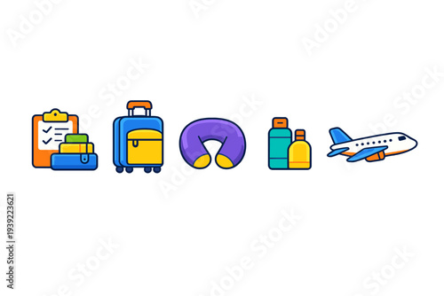 A collection of travel icons including a checklist with luggage, a rolling suitcase, a purple neck pillow, toiletry bottles, and a blue and white airplane on a black background.