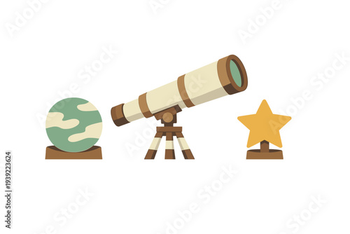 This minimalist illustration depicts astronomical tools including a telescope on a tripod, a green planet, and a yellow star, each on its own stand against a black backdrop.