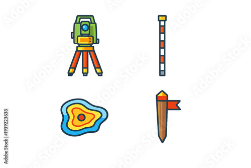 A set of four colorful vector icons featuring land surveying equipment like a total station on a tripod, a leveling rod, a topographic contour map, and a wooden marker stake with a red flag.