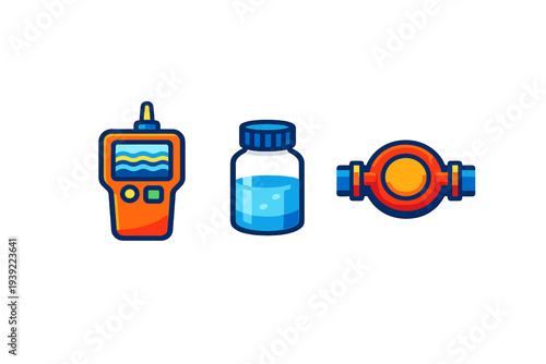 Three stylized icons representing water quality testing and plumbing equipment, including a digital meter, a sample jar with blue liquid, and a water flow meter on a black background.