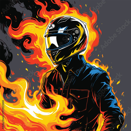 flat vector image of a biker on fire