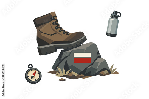 A vector illustration of a brown hiking boot stepping on a rock with a red and white trail marker. A compass and a water bottle are shown against a solid black background.