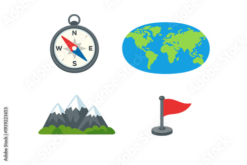 This set of four flat design icons includes a navigational compass, a global world map, a mountain range with snow peaks, and a red flag marker on a black background.