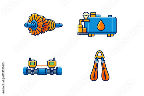 A set of four industrial icons featuring a turbine rotor, an oil storage tank with a gauge, a laser alignment tool on a shaft, and heavy-duty lifting slings on a black background.