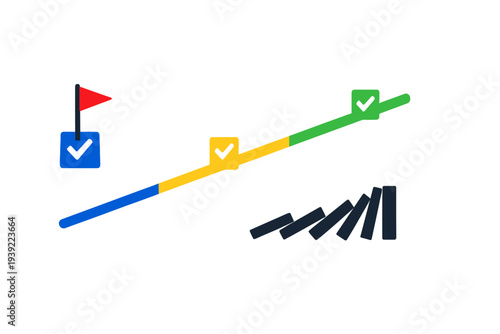 A minimalist graphic shows a multi-colored timeline with checkmarks and a red flag, alongside falling dominoes representing a chain reaction or sequential progress.