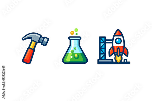 A set of three stylized icons including a red hammer, a green laboratory flask with bubbles, and a rocket on a launchpad, all set against a solid black background.