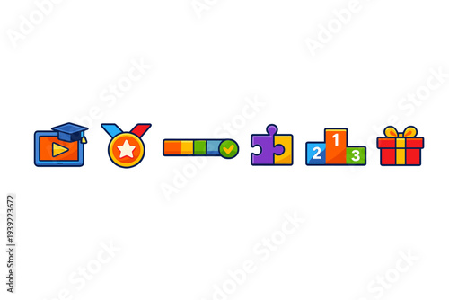 A set of six colorful educational and gamification icons including a graduation cap on a screen, a medal, a progress bar, puzzle pieces, a winner podium, and a gift box on a black background.