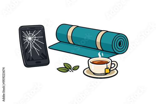 A digital illustration showing a broken smartphone screen, a rolled teal yoga mat, and a cup of hot tea with a tea bag and green leaves against a black background.