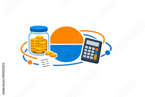 This graphic illustration shows a glass jar filled with gold coins next to a calculator and a receipt, all centered around a split-color sphere with orbital paths on a dark backdrop.