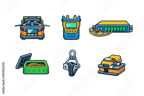 This set of six colorful icons features various fiber optic tools and networking hardware like fusion splicers and patch panels, illustrated in a bold flat style on a black backdrop.