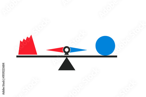 This flat vector graphic depicts a balanced seesaw with a red jagged shape and a blue sphere, while a horizontal compass needle sits directly above the central fulcrum.