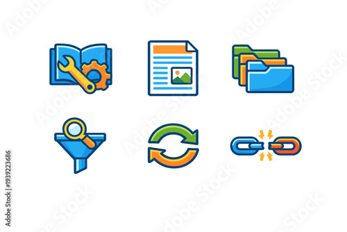 A collection of six colorful flat icons on a black background representing technical support, documentation, folder management, search filtering, synchronization, and broken links.