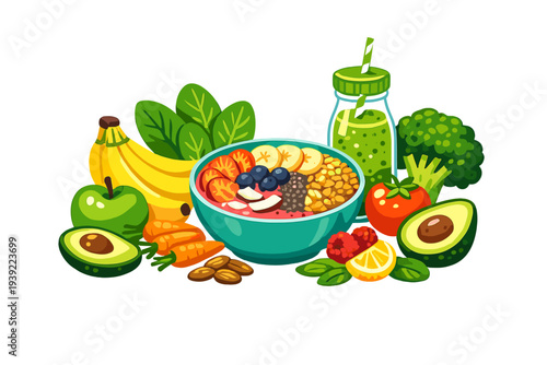 A vibrant vector illustration of a healthy breakfast bowl surrounded by fresh fruits and vegetables like bananas, avocado, carrots, and a green smoothie jar on a dark black background.
