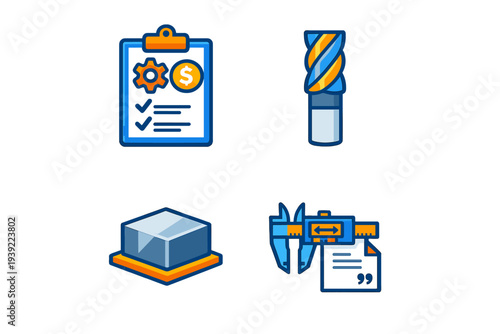 A set of four industrial manufacturing icons featuring a clipboard with gears, a metal drill bit, a raw material block, and a precision caliper measuring a document on a black background.