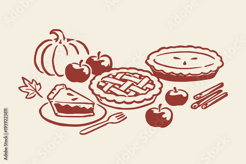 Apple pie autumn dessert set sketch vector illustration