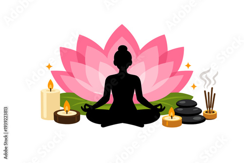 A black silhouette of a person meditating in a lotus pose against a large pink lotus flower, surrounded by lit candles, spa stones, and incense sticks on a black background.