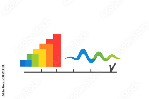 This graphic illustration features a multi-colored bar graph and a wavy line chart on a black background, symbolizing growth, statistics, and business performance tracking.