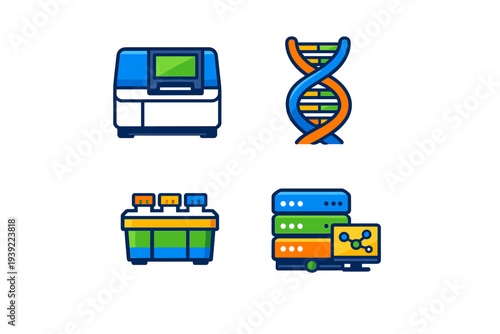 A set of four flat vector icons representing biotechnology and genetic research, including a DNA helix, laboratory equipment, reagent bottles, and a data server with a monitor.