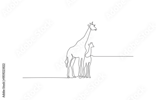 Elegant, continuous line drawing of a giraffe mother and calf in profile.