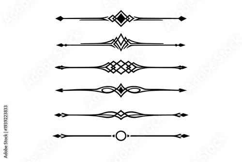 Фотография Six black horizontal page dividers with symmetrical geometric designs and ornamental line art elements are displayed in a vertical column on a solid white background