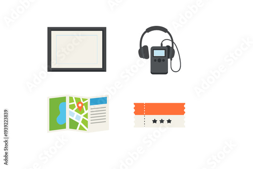 A collection of four travel-related icons including a picture frame, a digital music player with headphones, a folded map with a pin, and a ticket, all set against a black background.