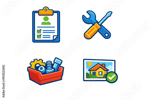 Four flat design icons for home improvement services featuring a work order clipboard, crossed wrench and screwdriver, a bin of hardware parts, and a house with a checkmark.