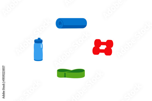 This illustration features essential workout gear such as a blue rolled mat, a water bottle, red dumbbells, and a green resistance band set against a dark black background.