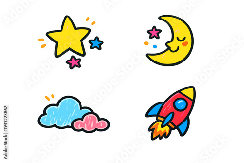 Hand-drawn crayon style illustrations of a yellow star, a sleeping crescent moon, blue and pink clouds, and a red rocket ship isolated on a solid black background.