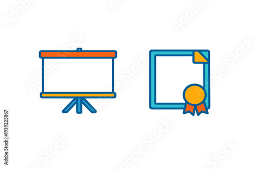 Two flat vector icons representing education and presentation. One icon shows a projection screen on a tripod, and the other shows a certificate with a gold seal and ribbons.