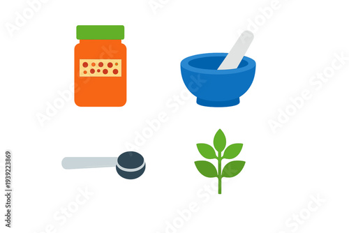 A collection of four flat icons representing medicine and herbalism, including an orange pill bottle, a blue mortar and pestle, a measuring spoon, and a green leafy sprig.