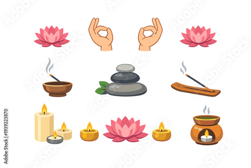 A collection of yoga and meditation icons featuring pink lotus flowers, mudra hand gestures, incense sticks, stacked zen stones, and various lit candles on a black background.