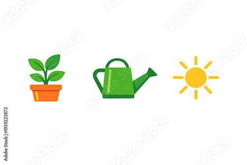 A flat vector illustration featuring a green plant in an orange pot, a green watering can, and a bright yellow sun icon, representing the essential elements for gardening and growth.