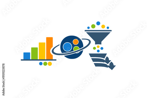 This flat vector graphic displays a colorful bar chart, a ringed planet icon, and a data funnel, symbolizing business analytics, information processing, and global data.
