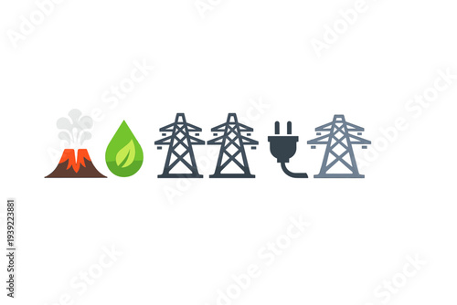 A row of icons illustrating energy production and distribution, featuring a volcano for geothermal power, a green leaf for bioenergy, power line towers, and an electric plug.