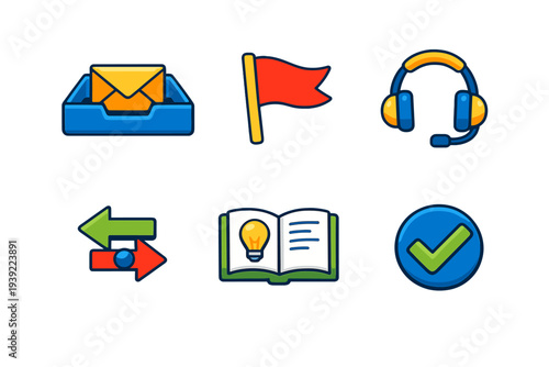 A set of six vibrant cartoon icons featuring an inbox with an envelope, a red flag, a headset, directional arrows, an open book with a lightbulb, and a green checkmark on a black background.